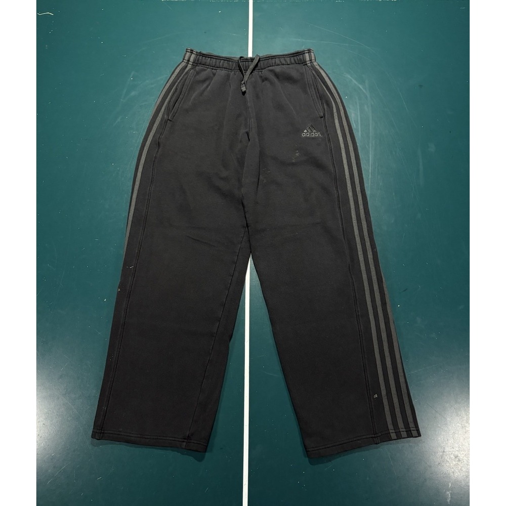 Adidas Sweatpants Mens Medium Black Gray Stripe Fleece Baggy Wide Leg Cotton Y2K